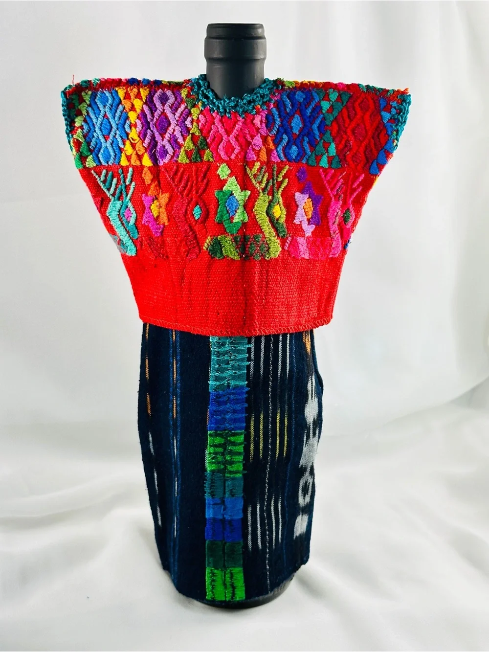 Handmade Guatemalan Wine Bottle Cover | Traditional Huipil Dress from Patzun